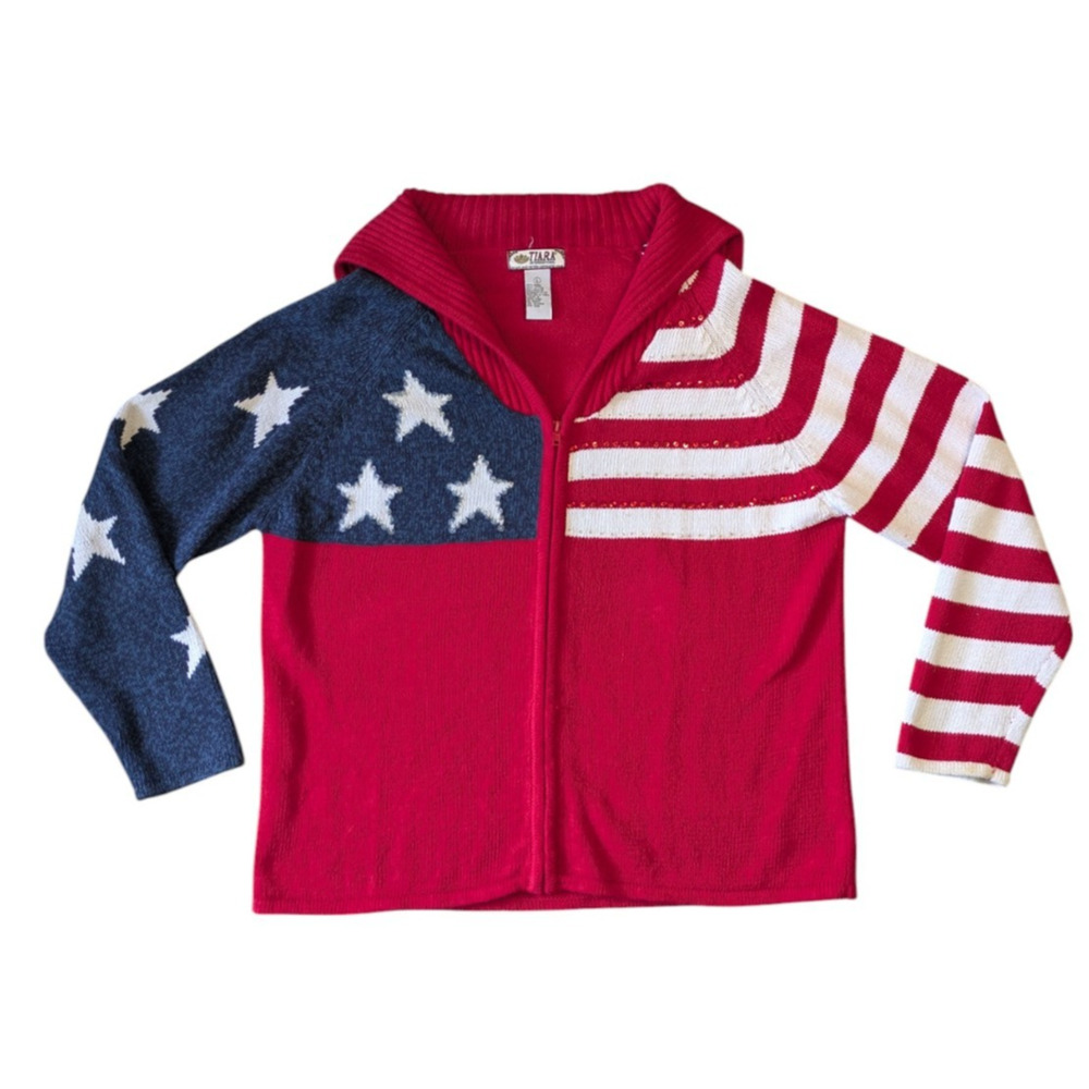 Vintage Tiara International American Flag Full Zip Cardigan Sweater Large July 4